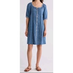 Faherty‎ Carmel Dress Women's Size Small Linen Blue Geo Button Up Mini Dress